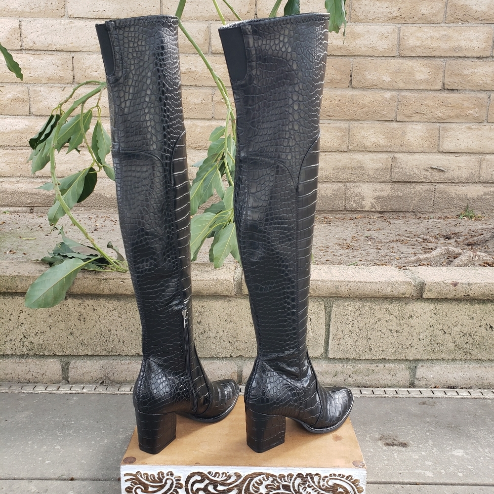 HTF Sassy Fierce Sexy Marc Fisher OTK Black Croc Embossed Boots - Picture 6 of 16